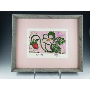 Original Signed Art Metallic Mixed Media Block Print Berry by Francy Blumhagen